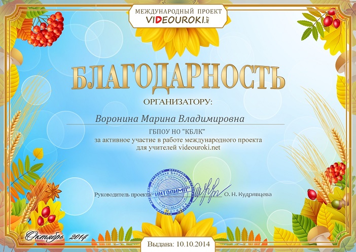 Благодарность за активное участие в VIDEOUROKI.NET
